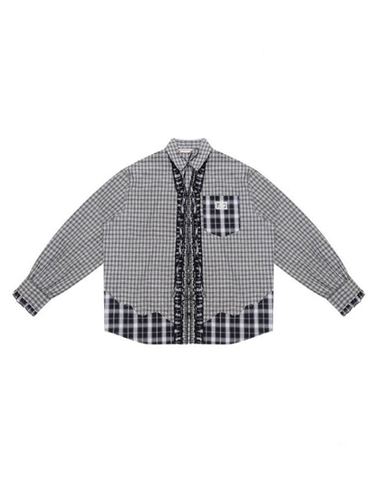 Loose Plaid Spliced Wave Edge Long Sleeved Shirt【s0000013784】