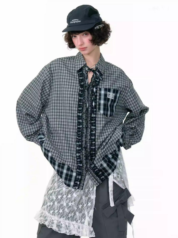 Loose Plaid Spliced Wave Edge Long Sleeved Shirt【s0000013784】