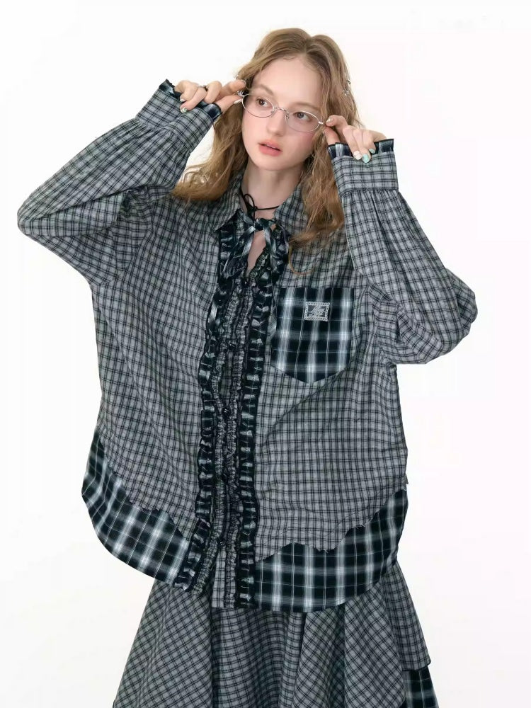 Loose Plaid Spliced Wave Edge Long Sleeved Shirt【s0000013784】