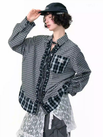 Loose Plaid Spliced Wave Edge Long Sleeved Shirt【s0000013784】