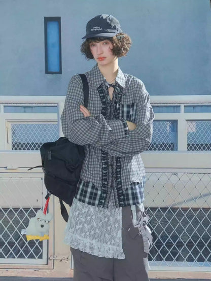 Loose Plaid Spliced Wave Edge Long Sleeved Shirt【s0000013784】