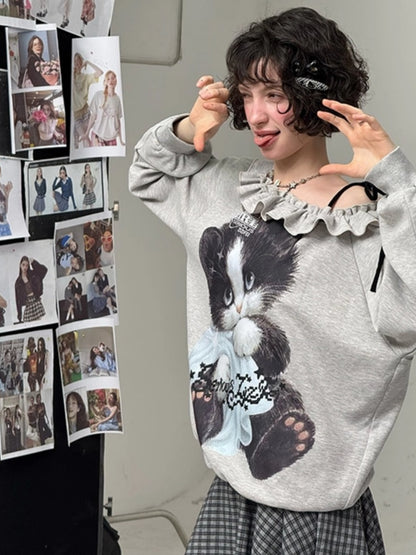 Loose Lazy Style Cat Print Off Shoulder Sweatshirt【s0000013785】