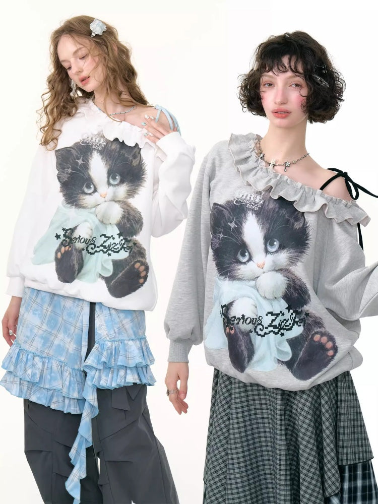 Loose Lazy Style Cat Print Off Shoulder Sweatshirt【s0000013785】