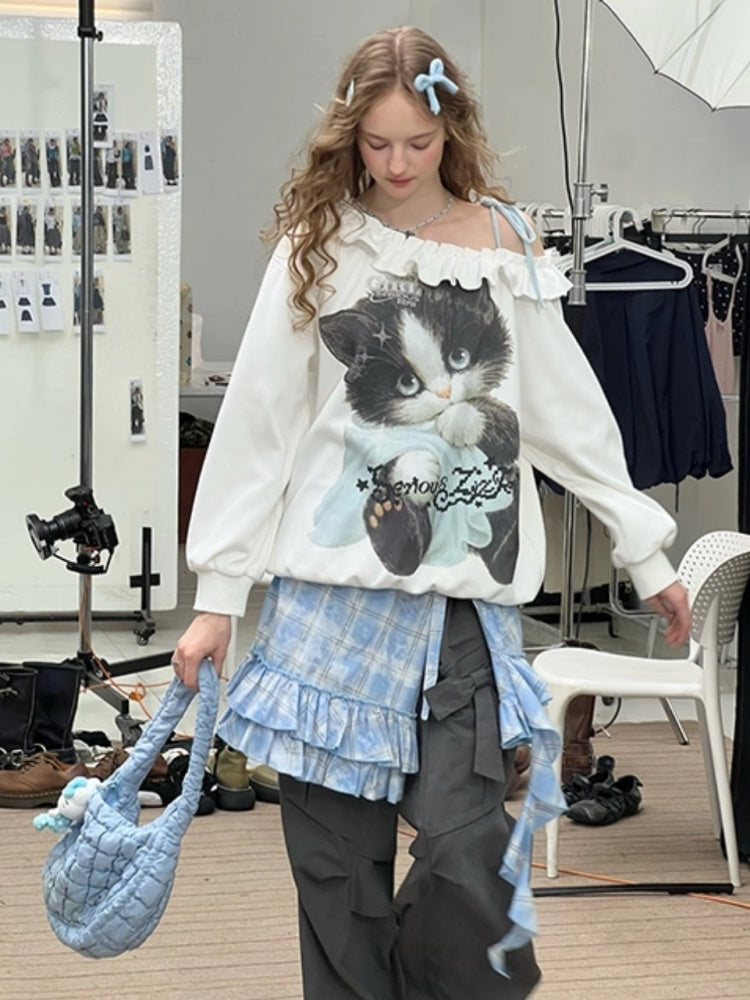 Loose Lazy Style Cat Print Off Shoulder Sweatshirt【s0000013785】