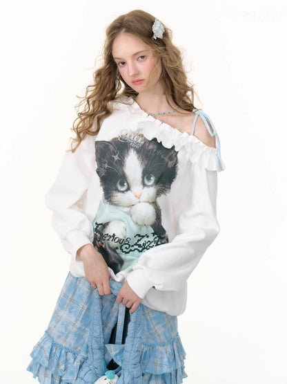 Loose Lazy Style Cat Print Off Shoulder Sweatshirt【s0000013785】