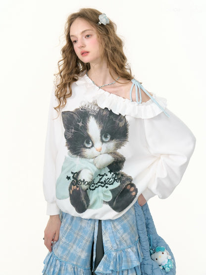 Loose Lazy Style Cat Print Off Shoulder Sweatshirt【s0000013785】