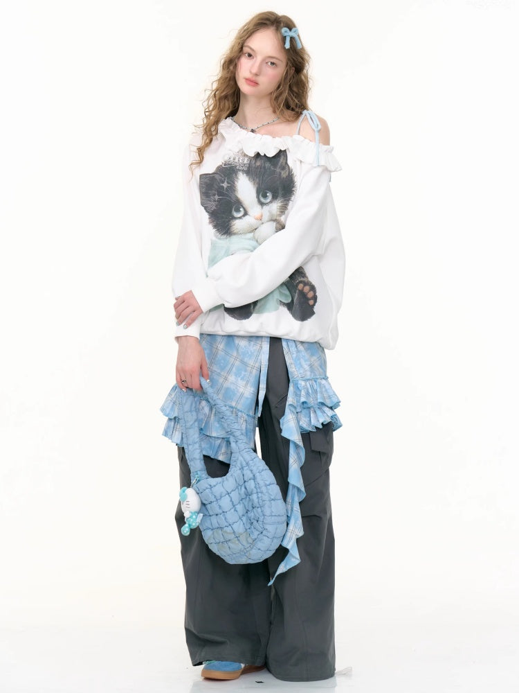Loose Lazy Style Cat Print Off Shoulder Sweatshirt【s0000013785】