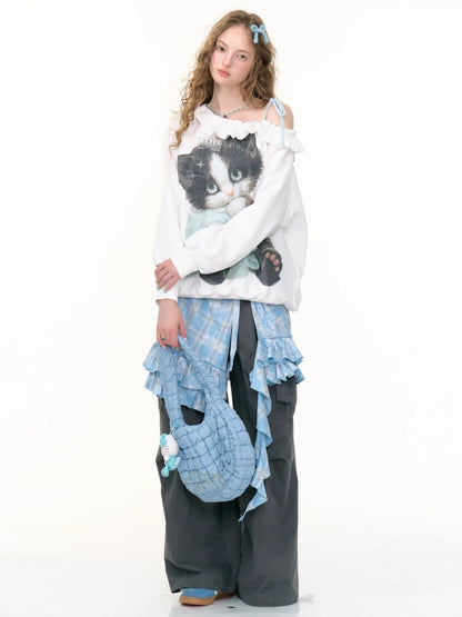 Loose Lazy Style Cat Print Off Shoulder Sweatshirt【s0000013785】