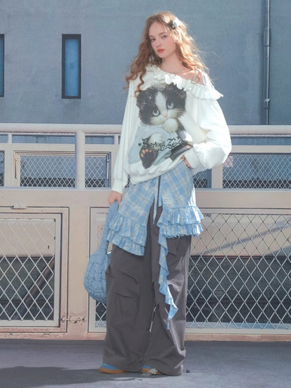 Loose Lazy Style Cat Print Off Shoulder Sweatshirt【s0000013785】