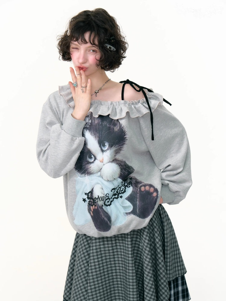 Loose Lazy Style Cat Print Off Shoulder Sweatshirt【s0000013785】