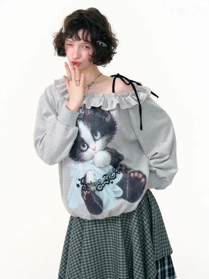 Loose Lazy Style Cat Print Off Shoulder Sweatshirt【s0000013785】