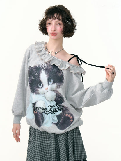 Loose Lazy Style Cat Print Off Shoulder Sweatshirt【s0000013785】