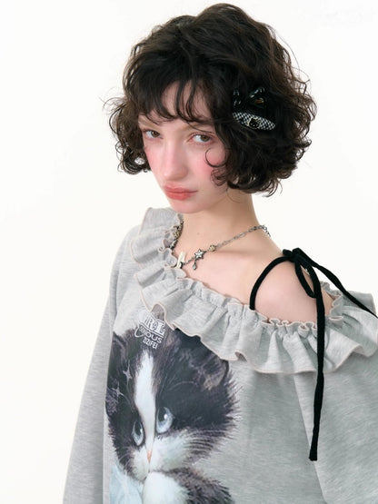 Loose Lazy Style Cat Print Off Shoulder Sweatshirt【s0000013785】