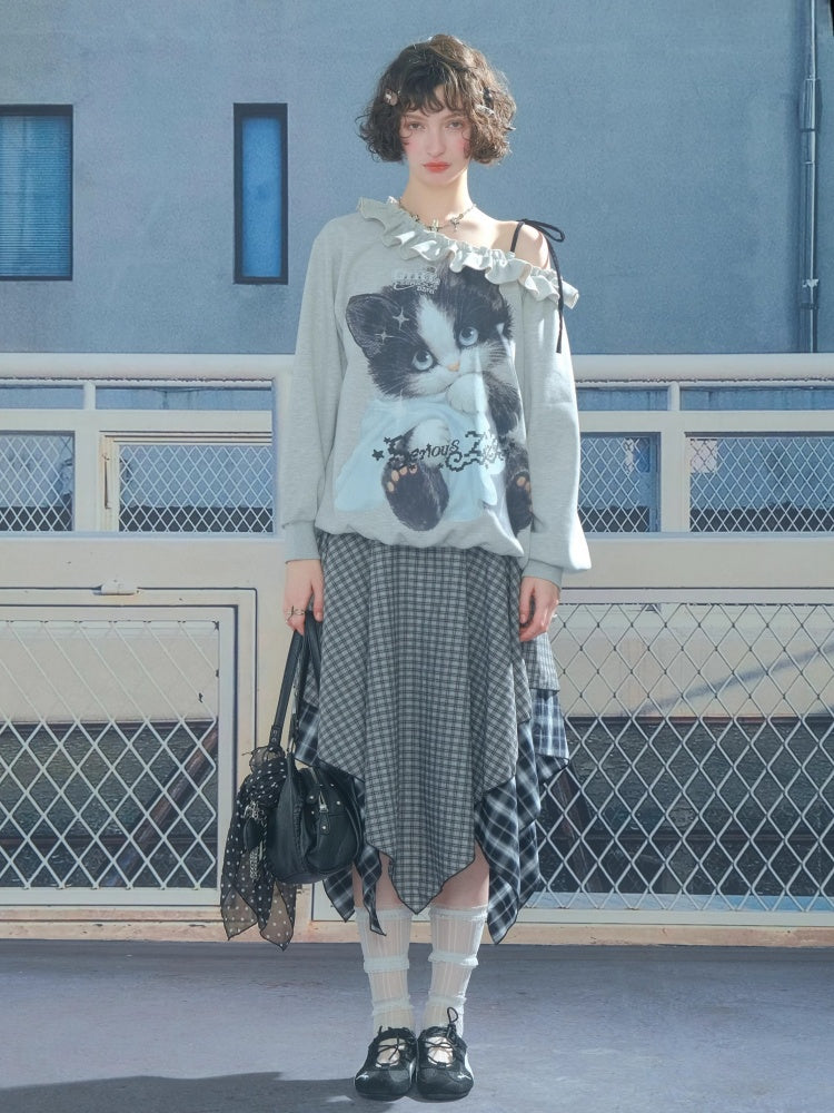 Loose Lazy Style Cat Print Off Shoulder Sweatshirt【s0000013785】
