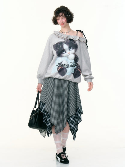Loose Lazy Style Cat Print Off Shoulder Sweatshirt【s0000013785】