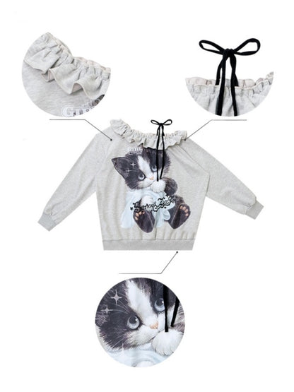 Loose Lazy Style Cat Print Off Shoulder Sweatshirt【s0000013785】