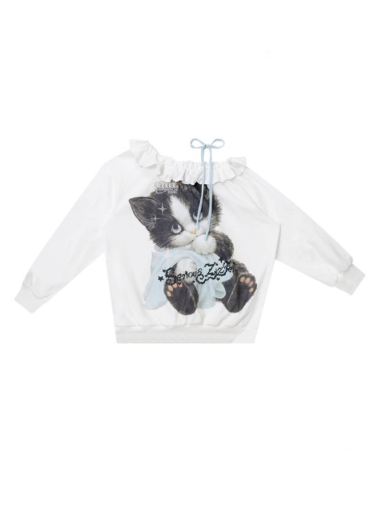 Loose Lazy Style Cat Print Off Shoulder Sweatshirt【s0000013785】