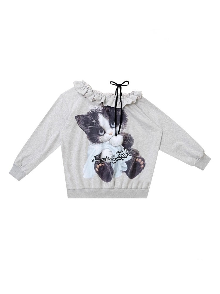 Loose Lazy Style Cat Print Off Shoulder Sweatshirt【s0000013785】
