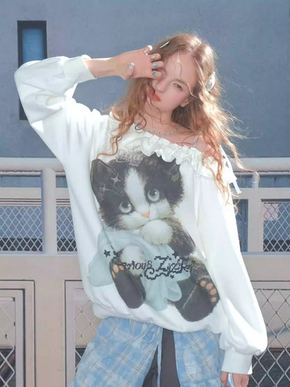 Loose Lazy Style Cat Print Off Shoulder Sweatshirt【s0000013785】