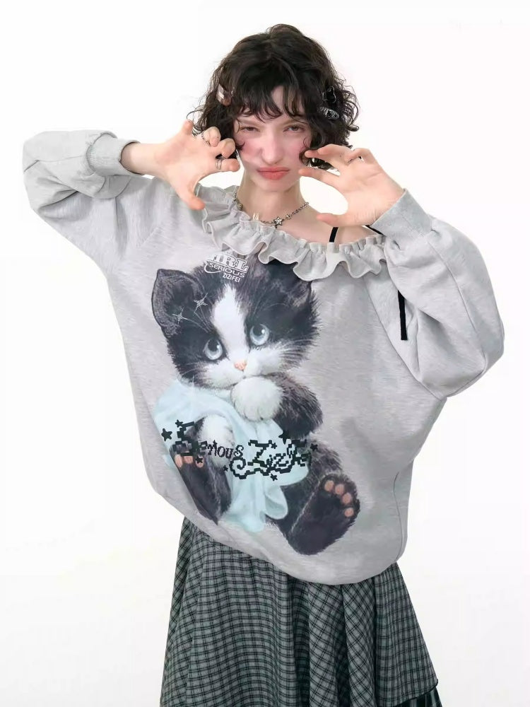 Loose Lazy Style Cat Print Off Shoulder Sweatshirt【s0000013785】