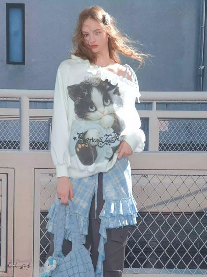 Loose Lazy Style Cat Print Off Shoulder Sweatshirt【s0000013785】