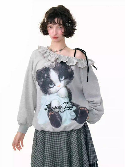 Loose Lazy Style Cat Print Off Shoulder Sweatshirt【s0000013785】