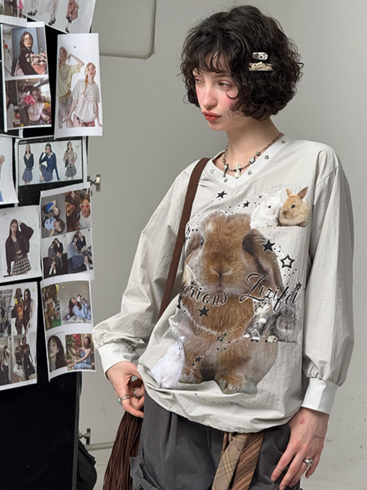 Cat & Rabbit Print Riveted Thin V-Neck Sweatshirt【s0000013786】