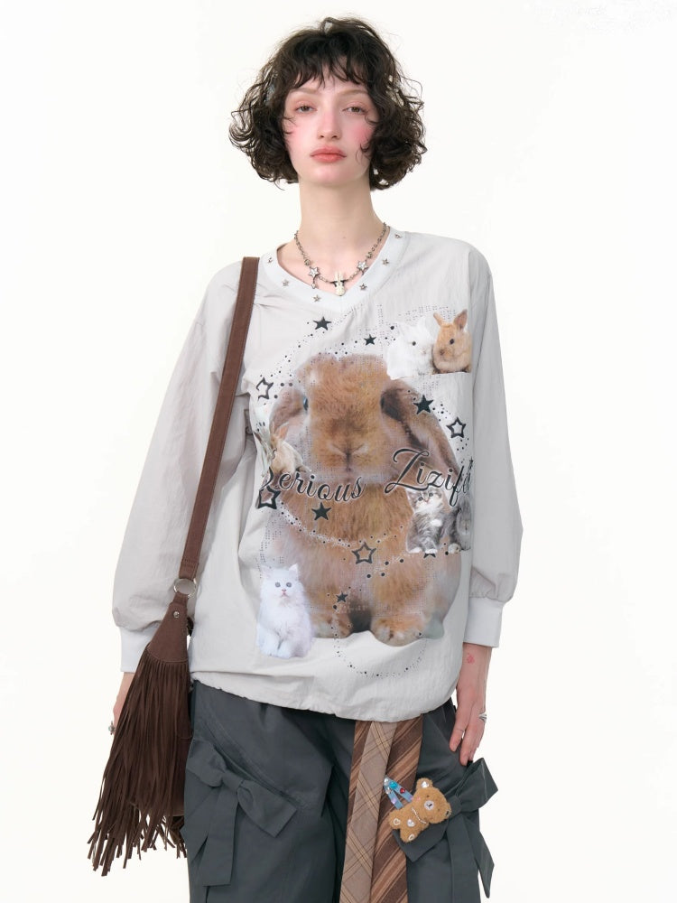 Cat & Rabbit Print Riveted Thin V-Neck Sweatshirt【s0000013786】