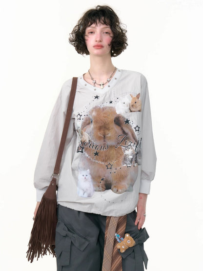 Cat & Rabbit Print Riveted Thin V-Neck Sweatshirt【s0000013786】