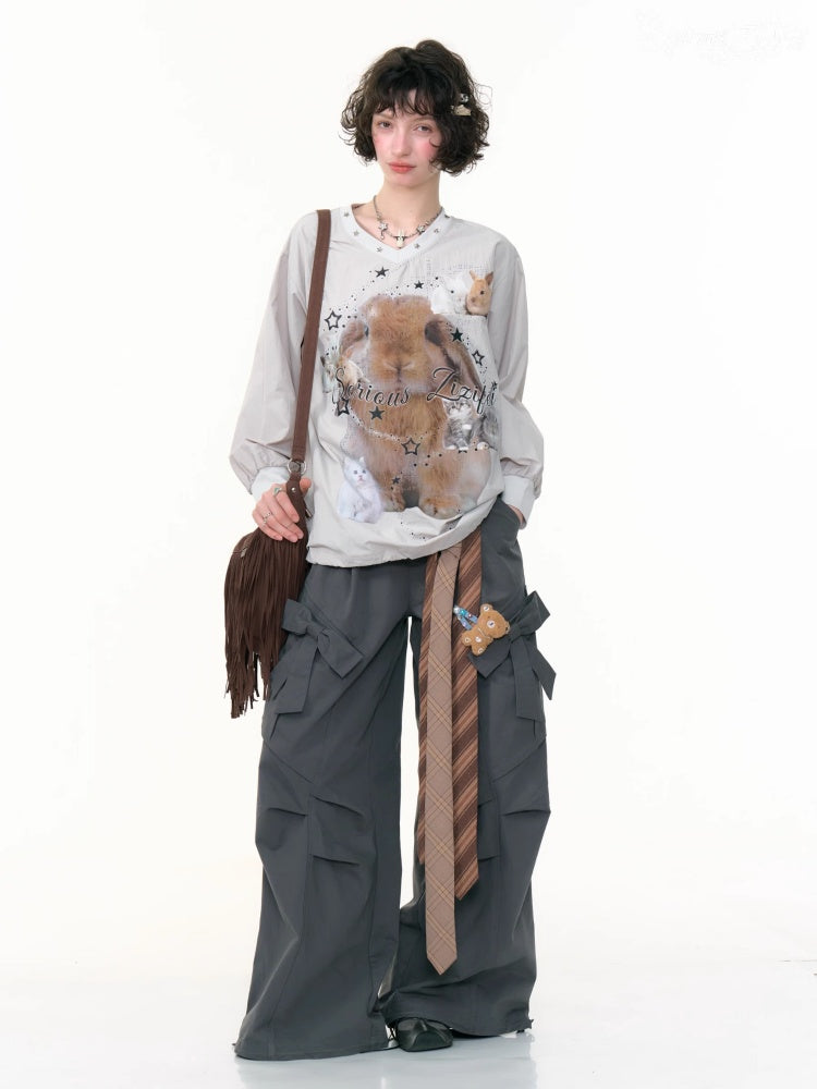 Cat & Rabbit Print Riveted Thin V-Neck Sweatshirt【s0000013786】