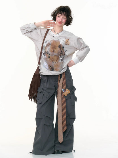 Cat & Rabbit Print Riveted Thin V-Neck Sweatshirt【s0000013786】