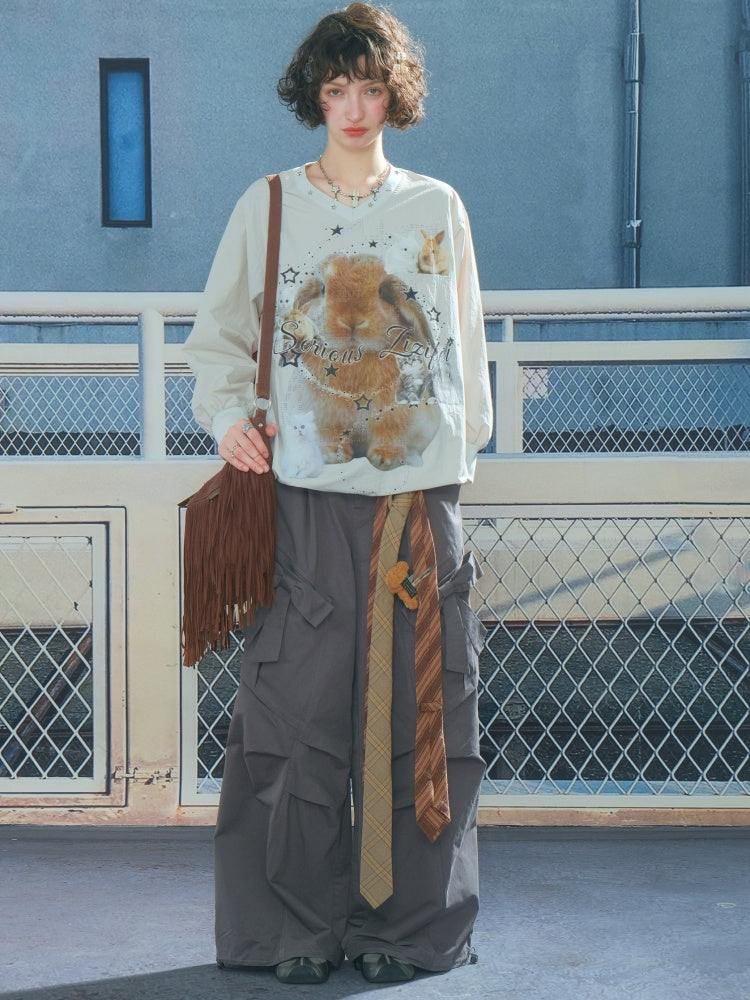 Cat & Rabbit Print Riveted Thin V-Neck Sweatshirt【s0000013786】