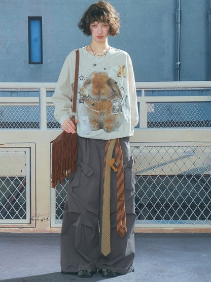 Cat & Rabbit Print Riveted Thin V-Neck Sweatshirt【s0000013786】