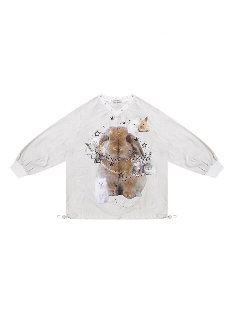 Cat & Rabbit Print Riveted Thin V-Neck Sweatshirt【s0000013786】