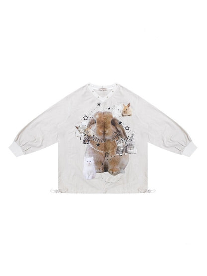 Cat & Rabbit Print Riveted Thin V-Neck Sweatshirt【s0000013786】