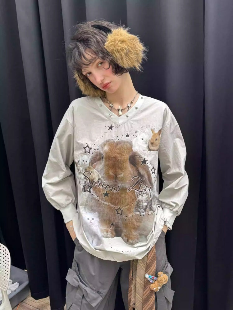 Cat & Rabbit Print Riveted Thin V-Neck Sweatshirt【s0000013786】