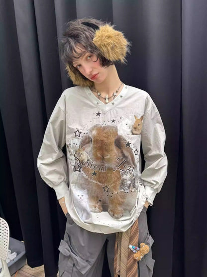 Cat & Rabbit Print Riveted Thin V-Neck Sweatshirt【s0000013786】