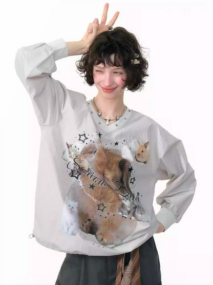 Cat & Rabbit Print Riveted Thin V-Neck Sweatshirt【s0000013786】