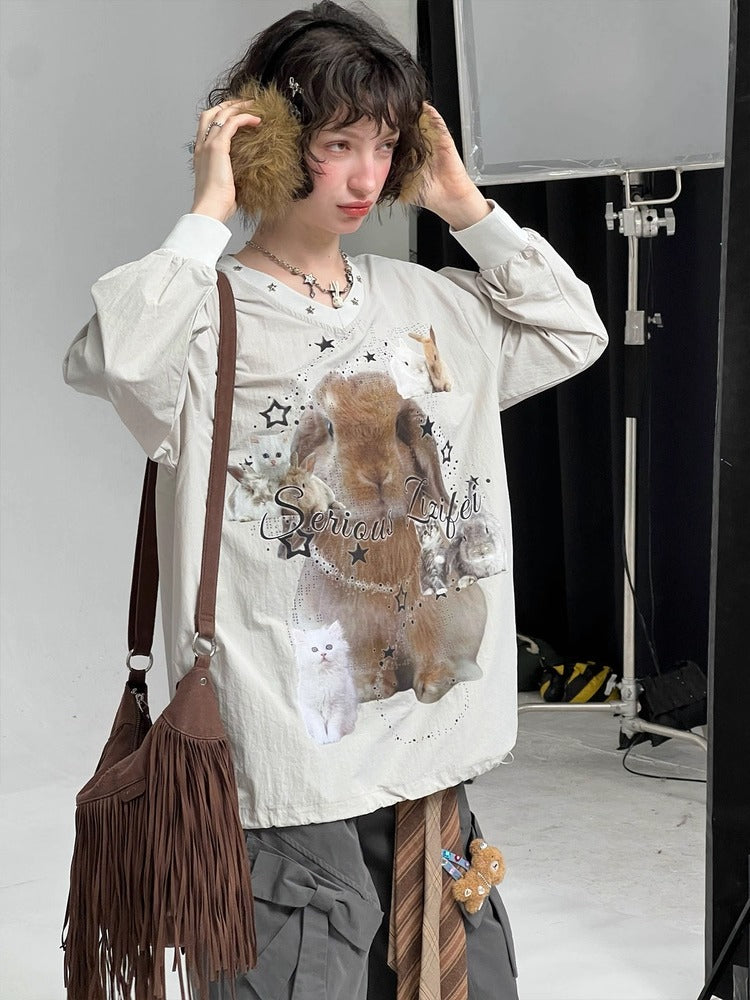 Cat & Rabbit Print Riveted Thin V-Neck Sweatshirt【s0000013786】