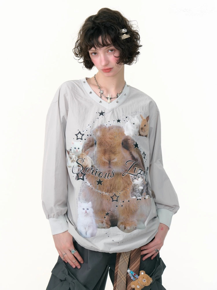 Cat & Rabbit Print Riveted Thin V-Neck Sweatshirt【s0000013786】