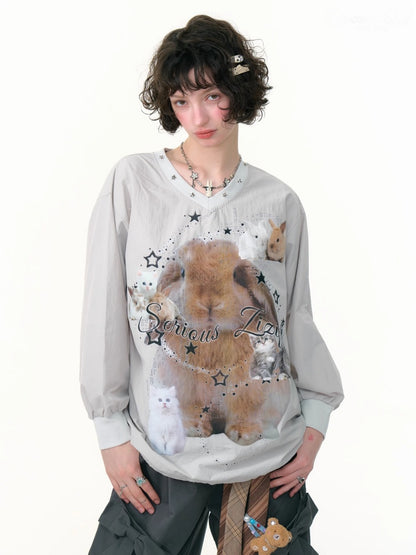 Cat & Rabbit Print Riveted Thin V-Neck Sweatshirt【s0000013786】