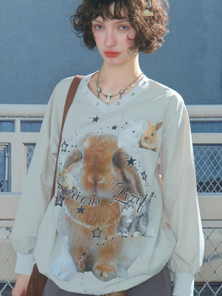 Cat & Rabbit Print Riveted Thin V-Neck Sweatshirt【s0000013786】
