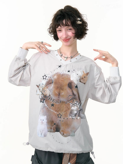 Cat & Rabbit Print Riveted Thin V-Neck Sweatshirt【s0000013786】