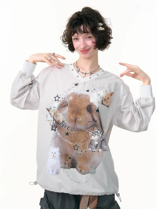 Cat & Rabbit Print Riveted Thin V-Neck Sweatshirt【s0000013786】
