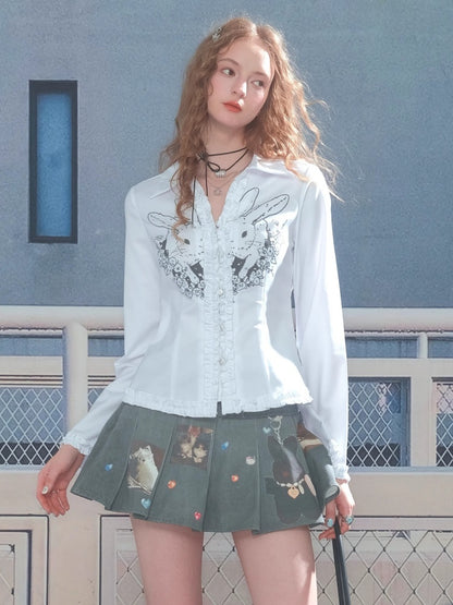 Rabbit Print Slim Long Sleeve Shirt【s0000013787】