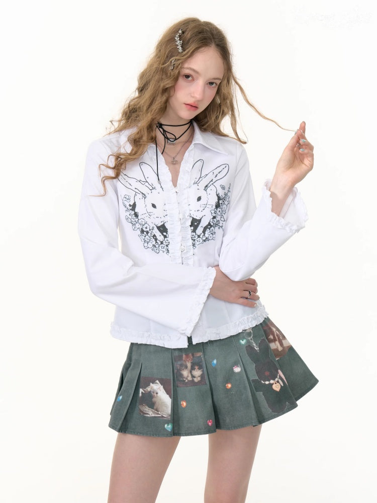 Rabbit Print Slim Long Sleeve Shirt【s0000013787】
