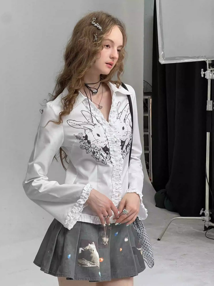 Rabbit Print Slim Long Sleeve Shirt【s0000013787】