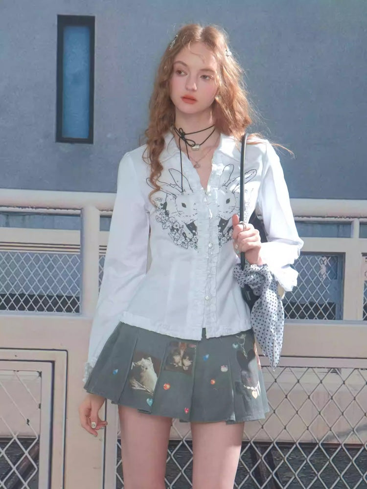 Rabbit Print Slim Long Sleeve Shirt【s0000013787】