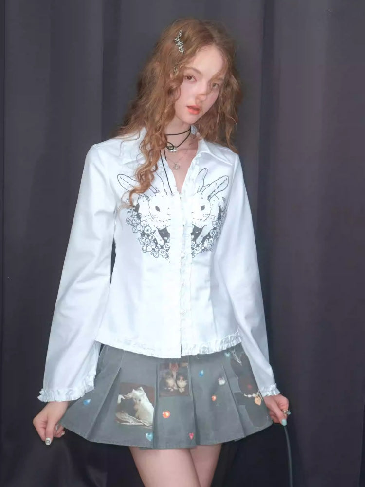 Rabbit Print Slim Long Sleeve Shirt【s0000013787】