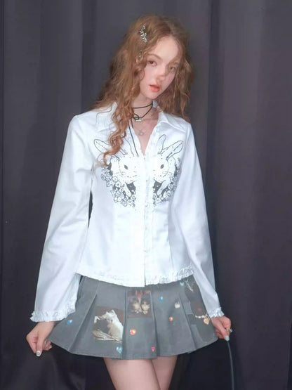 Rabbit Print Slim Long Sleeve Shirt【s0000013787】